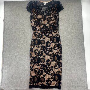 Agaci Bodycon Lace Dress Black Tan Lining Medium Cap Sleeve Long Elegant‎ Dress